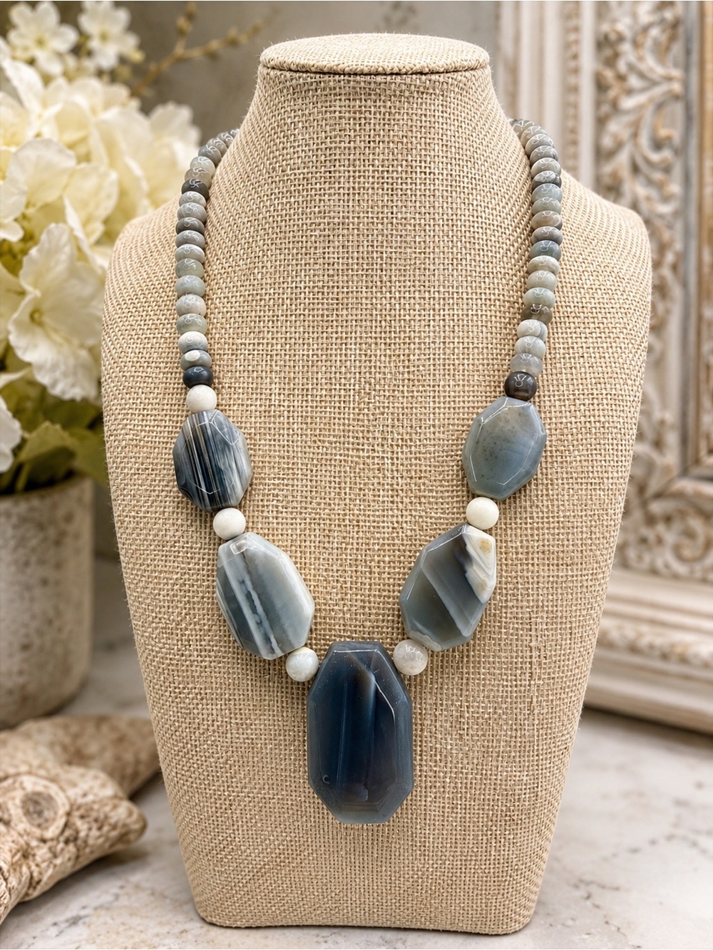 Jay King Mine Finds Smoky Blue Agate Sterling Necklace 18-20”86g Desert Rose 925